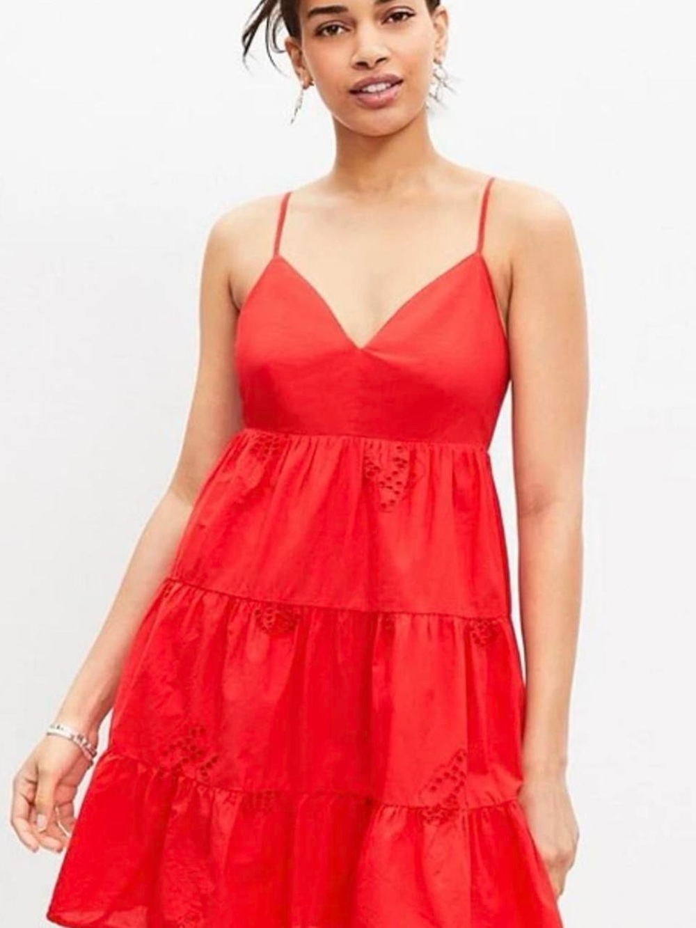 LOFT Dress Red Eyelet Tropical Strappy Tiered Swing Mini Summer VacationStyle M